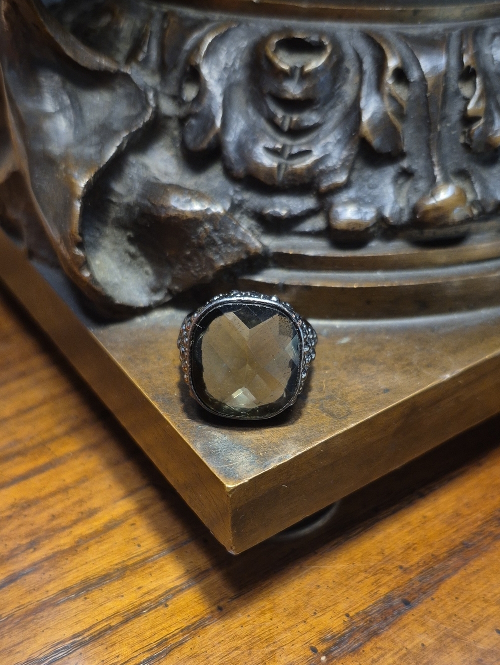 Vintage Smoky Glass Stone Cocktail Ring Fun Boho Indie Punk Gunmetal